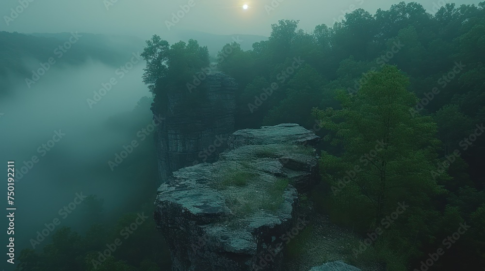Poster a foggy forest filled with lots of trees next to a large cliff with a large rock outcropping in the 