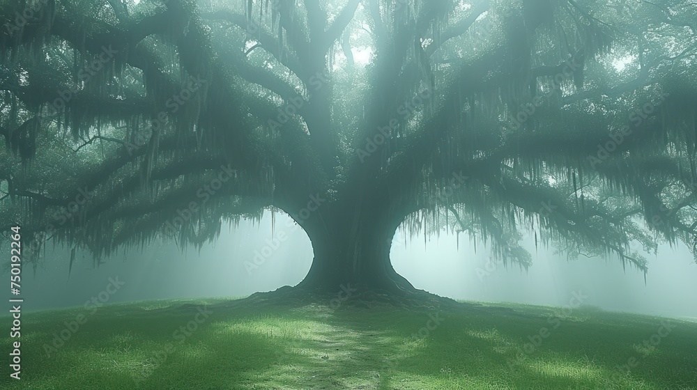Poster a large tree with moss hanging from it's branches in the middle of a grassy field with a dirt path i