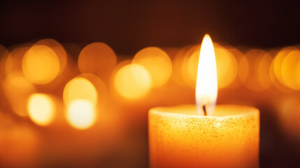 Burning candle against a bokeh background