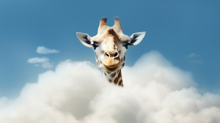 Charming portrait of a playful and inquisitive giraffe, peeking through billowy white clouds