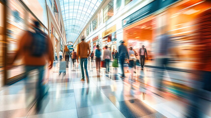 Crowded business hall with blurred motion of people walking, concept of speed and rush in urban life