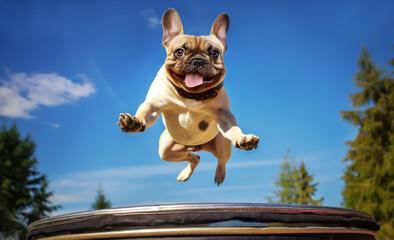 Joyful French Bulldog playfully jumping on a round trampoline