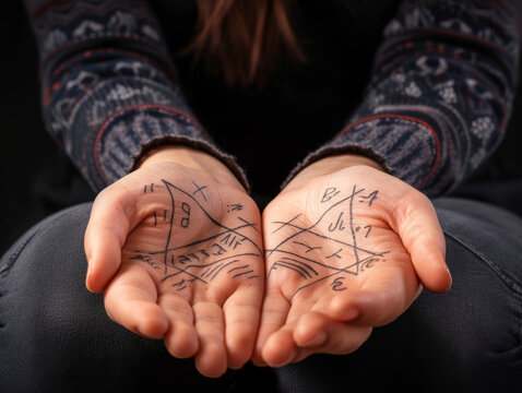 Women's palms with signs on them. The concept of chiromancy, palm reading