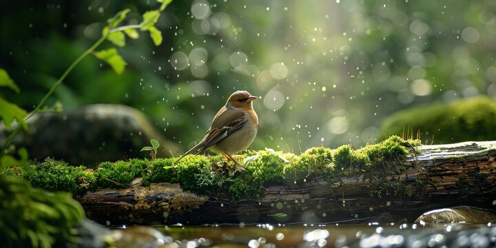 finch sitting on a log with green moss in the forest