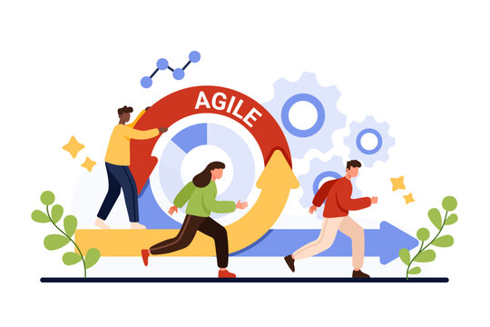 Agile methodology for digital project management and development process, daily work. Tiny nimble people running fast near circular flexible arrow of agile method cartoon vector illustration