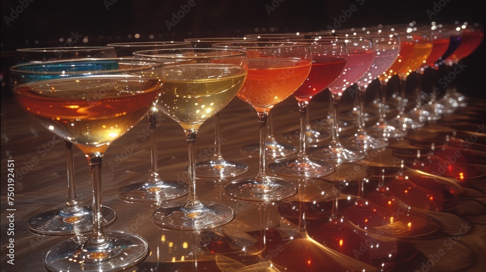 Poster a row of wine glasses sitting on top of a table filled with different types of glasses of different 