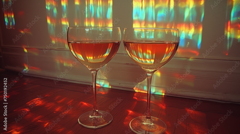 Poster two glasses of wine sitting on a table in front of a window with a colorful light coming through the