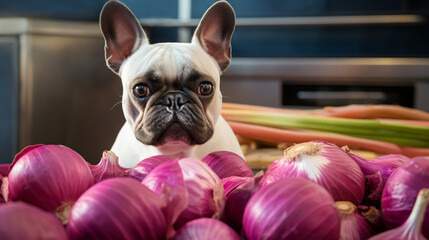 Charming portrait of a cute French Bulldog looking at the onions in a kitchen