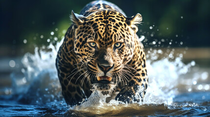 Intense close-up capturing a jaguar stalking its prey in the water