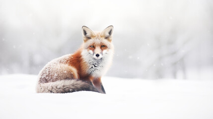 Portrait of a red fox lying in the snow of a winter landscape