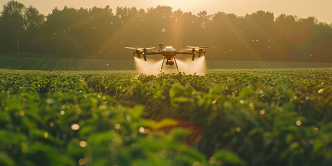 Advanced smart farm drone flies over crops, delivering efficient spray applications.