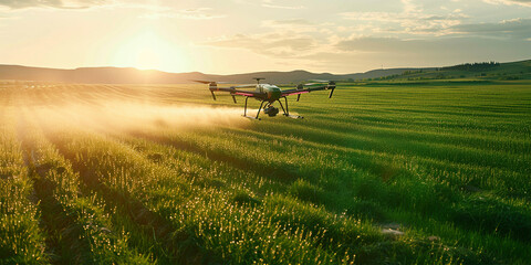 Innovative drone technology sprays crops from above, optimizing agricultural practices. - obrazy, fototapety, plakaty