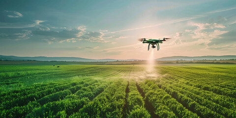 Smart farming drone navigates over lush fields, spraying crops with precision.