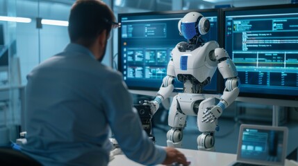 A man works alongside a robot in a modern tech environment, symbolizing AI collaboration and futuristic workplaces.