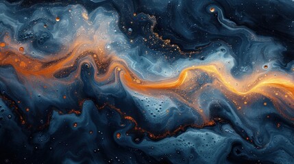  an abstract painting of blue, yellow and white swirls on a dark blue and orange background 