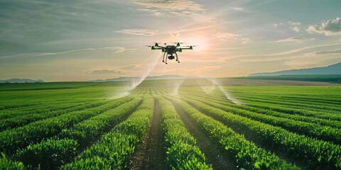 High-tech farm drone soars over green fields, spraying crops efficiently. - obrazy, fototapety, plakaty