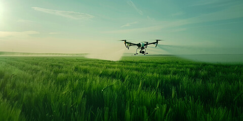 Futuristic drone hovers over verdant fields, spraying crops with precision.