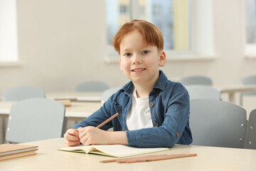 Fototapeta na wymiar Portrait of smiling little boy studying in classroom at school