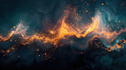  an abstract painting of blue, yellow, and orange swirls on a dark blue background with yellow and orange highlights on the left side of the top of the image. - obrazy, fototapety, plakaty