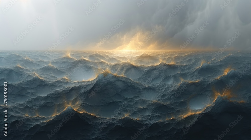 Poster a computer generated image of a wave in the ocean with a sunbeam in the middle of the wave and the s