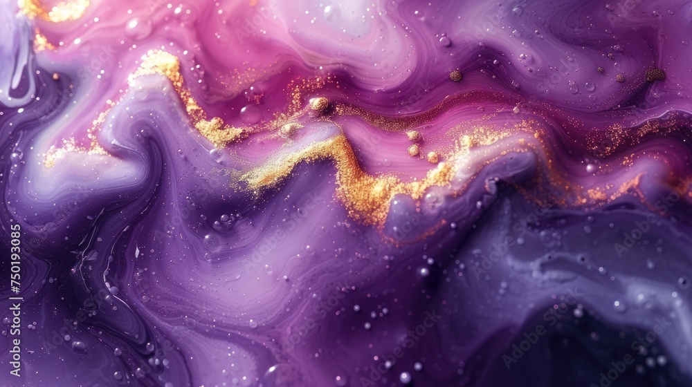 Aufkleber a close up of a purple and gold marbled surface with drops of water on the top and bottom of the ima