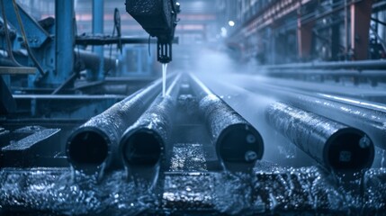Heavy-duty steel pipes undergoing a cooling process in an industrial setting, showcasing manufacturing precision and intense spray mist.