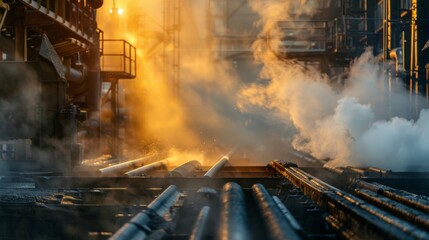 An industrial steel production scene with billowing smoke and a warm golden glow highlighting the powerful manufacturing process.
