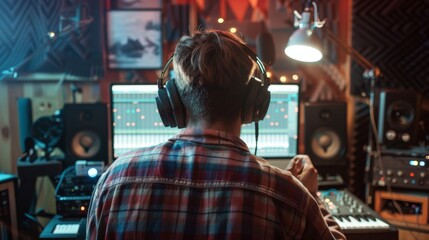 Obraz premium A young adult music producer is seen from behind as he works on sound mixing in his well-equipped, cozy home studio.