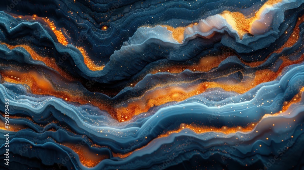 Poster a close up of an abstract painting with orange and blue swirls and dots on the bottom of the image a