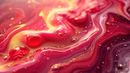  a close up of a red and yellow liquid with drops of water on the bottom of the liquid and on the bottom of the liquid is a black and white background.