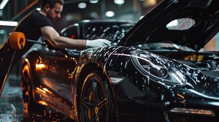 A professional car detailer washes a luxury black car in a well-lit auto garage, ensuring a high-quality finish.