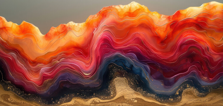  a painting on a wall that looks like a wave of paint on a piece of wood that has been painted with acrylic colors of red, orange, blue, yellow, orange, and black, and white.