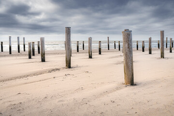 Village of wooden poles at the beach near Petten, the Netherlands - 750193629