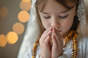 First communion joy: heartwarming moments of young believers in white dresses, celebrating this sacred Christian sacrament with faith, purity, spirit of spiritual growth in memorable church ceremony. - obrazy, fototapety, plakaty