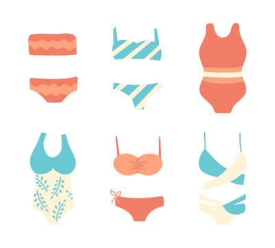 Set of women swimming trunks. One-piece, two-piece swimsuits and bikinis of various types. Element of girl wardrobe. Patterns are striped, wavy, tropical branches. Flat style. Vector illustration