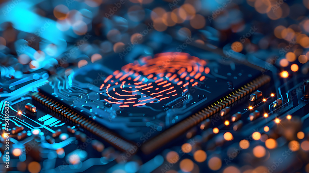 Poster digital fingerprint on motherboard backgrounds, digital security and access concepts
