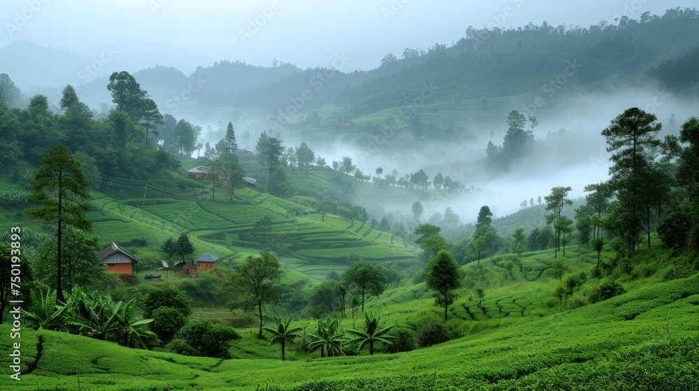 Poster a lush green hillside covered in fog and low lying trees with houses on the top of the hill in the d