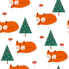 Cute forest seamless pattern with fox, mushrooms. Vector hand drawn illustration. - 750193825
