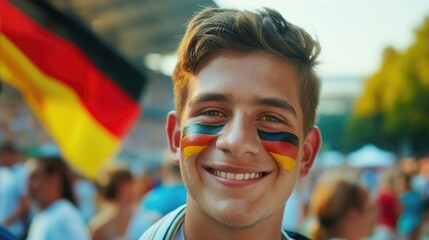 Portrait of a young football fan with a flag of Germany on his face. Concept of 2024 UEFA European Football Championship