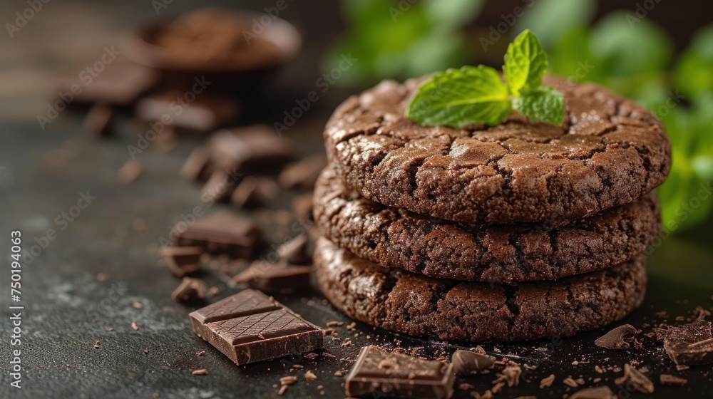 Poster a stack of chocolate cookies with a mint sprig on top of one of the cookies is surrounded by chocola