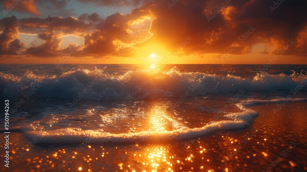 Poster the sun is setting over the ocean with a wave in the foreground and a cloud in the sky over the ocea