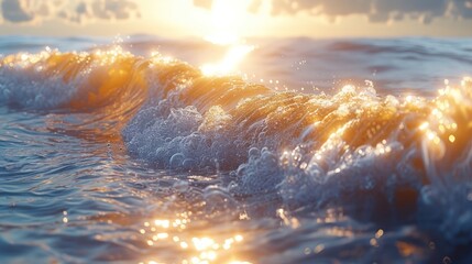 a close up of a wave in the ocean with the sun shining through the clouds and the water in the foreground and the sun reflecting off of the water.