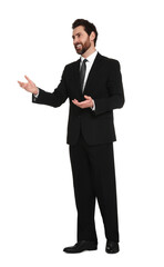 Handsome man greeting someone on white background