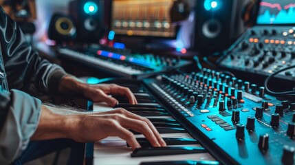 Close-up of hands playing a synthesizer in a modern music production studio, with mixers and monitors in the background.