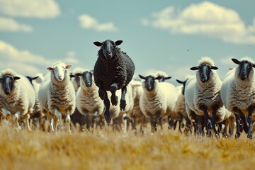 black sheep jumps a head, white flock looks