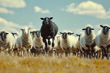 Fotobehang black sheep jumps a head, white flock looks © Jorge Ferreiro