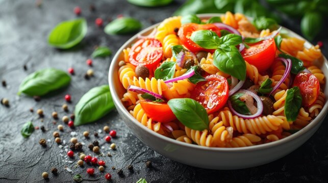  a bowl of pasta salad with tomatoes, onions, spinach, and red onion sprinkles on a black surface with pepper sprinkles and green leaves.