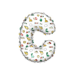 3D inflated balloon letter C with multicolored matte white textured dinosaurus design for children