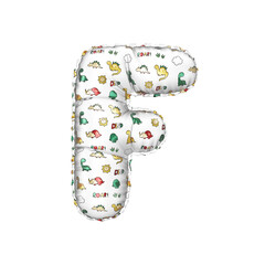3D inflated balloon letter F with multicolored matte white textured dinosaurus design for children