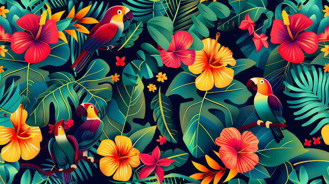 Seamless pattern background influenced by the forms and vibrant colors of tropical rainforests with colorful birds and flowers